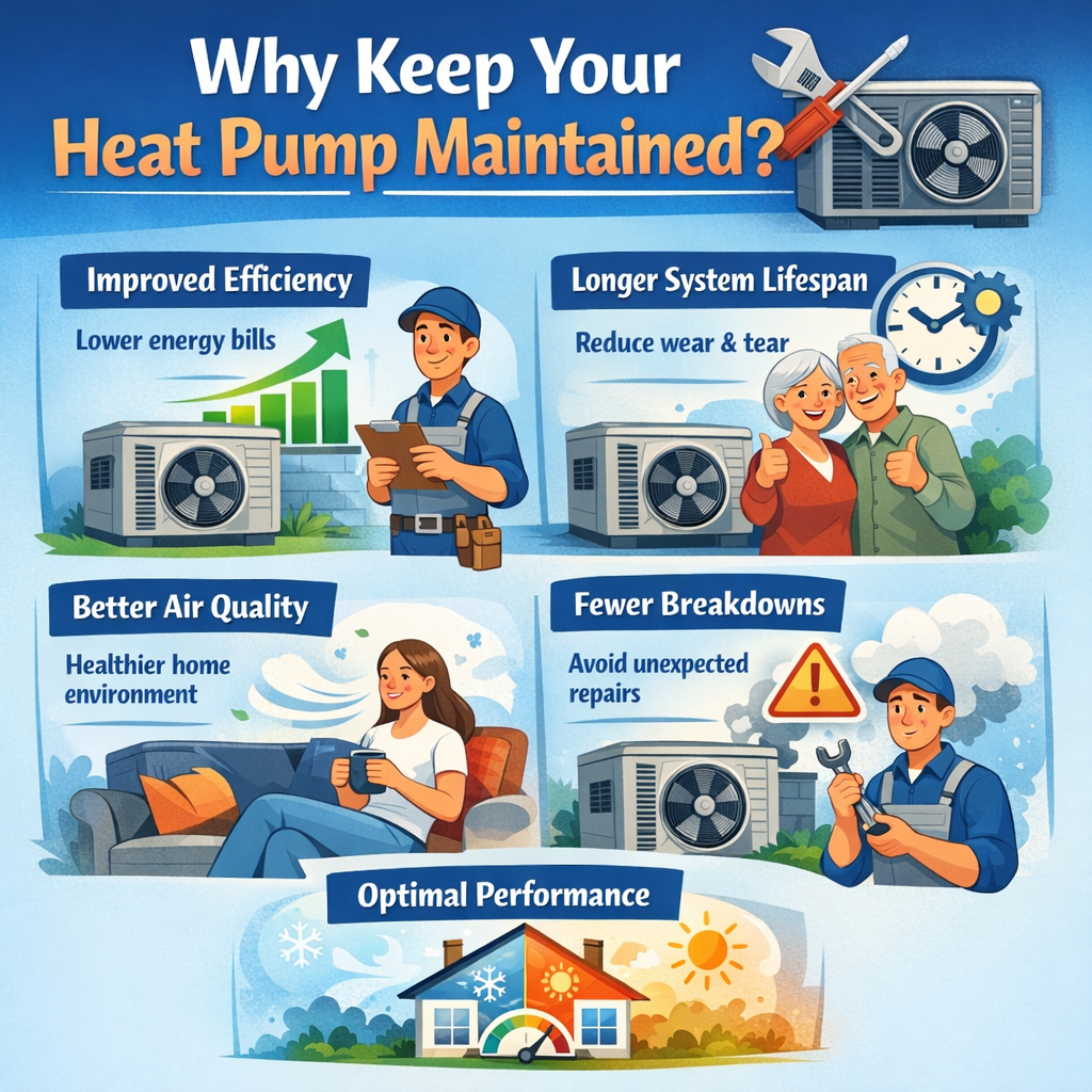 Professional Heat Pump Maintenance and Seasonal Tune-Up This image shows a licensed HVAC technician performing routine maintenance on a residential heat pump system. Regular heat pump maintenance includes inspecting electrical components, cleaning coils, checking refrigerant levels, replacing air filters, and ensuring proper airflow for optimal performance. Preventative maintenance helps improve energy efficiency, reduce utility bills, extend equipment lifespan, and prevent unexpected breakdowns. Ideal for HVAC service pages discussing seasonal heat pump tune-ups, preventative maintenance plans, energy-efficient heating and cooling systems, and residential HVAC repair and maintenance services.