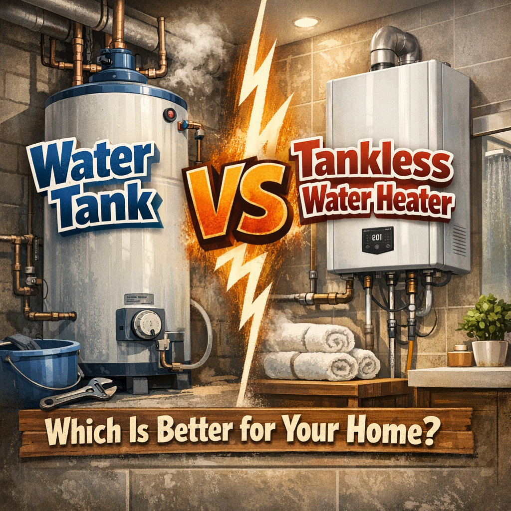 Traditional water heater tank next to wall-mounted tankless water heater with headline text asking which is better for your home.