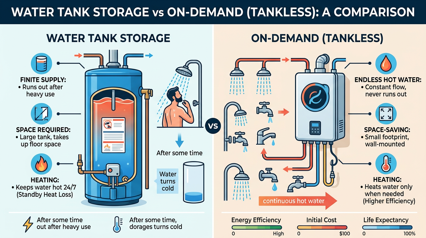 Traditional storage tank water heater next to wall-mounted tankless on-demand water heater showing size and design differences in a residential basement.