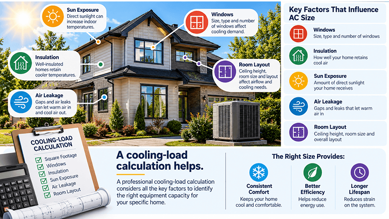 Air conditioner sizing infographic showing how square footage, windows, insulation, sun exposure, air leakage, and room layout affect the cooling capacity a home needs.