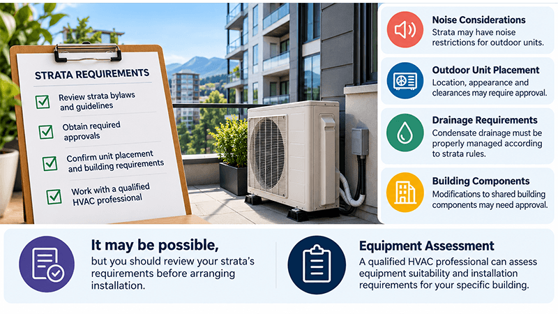 Heat pump installation in a strata property showing an outdoor HVAC unit on a condo balcony with strata approval, noise, drainage, placement, and building requirement considerations.