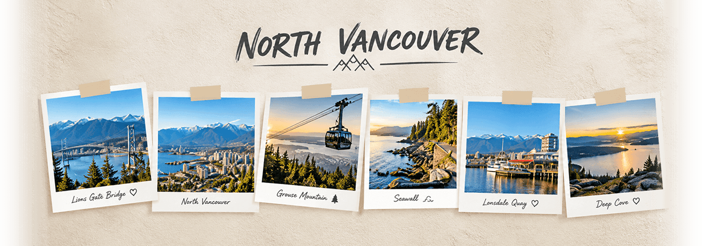 Kirkstone Heating, Cooling and Plumbing services in North Vancouver, BC, with local landmarks including Lions Gate Bridge, Grouse Mountain, Lonsdale Quay and Deep Cove.