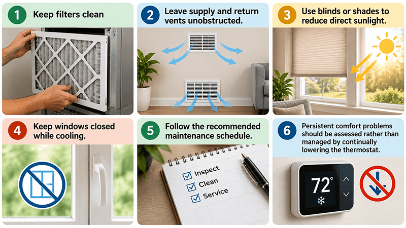 Cooling system efficiency tips showing clean air filters, unobstructed vents, closed windows, window shades, HVAC maintenance, and proper thermostat use.