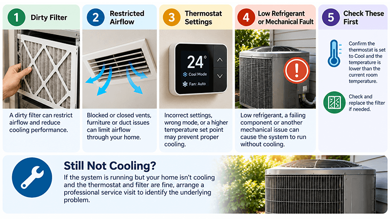 Air conditioner running but not cooling infographic showing a dirty filter, restricted airflow, thermostat settings, low refrigerant or mechanical faults, and recommended troubleshooting steps.