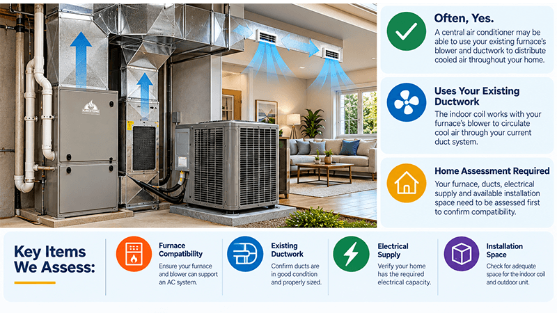 Central air conditioning added to an existing furnace, showing an outdoor AC unit, furnace, indoor coil, and ductwork distributing cool air throughout a home.