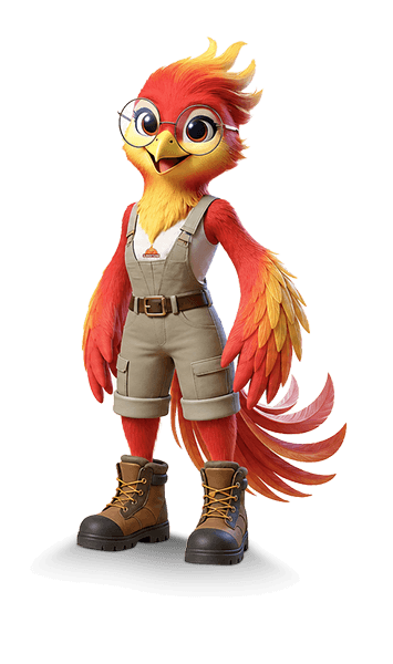 Kirkstone Heating, Cooling and Plumbing firebird mascot wearing work overalls, glasses and safety boots.