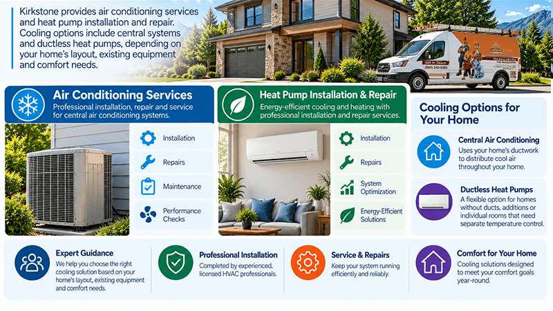 Kirkstone Heating, Cooling & Plumbing cooling services infographic showing central air conditioning, ductless heat pumps, heat pump installation, repairs, maintenance, and home cooling options.