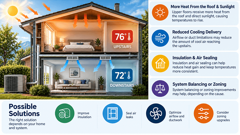 Why the upstairs is hotter than downstairs, showing roof and sunlight heat gain, reduced cooling airflow, insulation, air sealing, duct balancing, and HVAC zoning solutions.