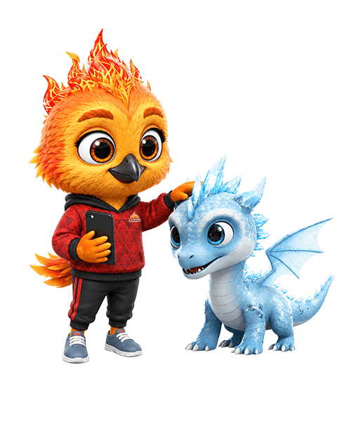 Kirkstone Heating, Cooling & Plumbing firebird mascot standing beside a friendly blue ice dragon, representing heating and cooling services.