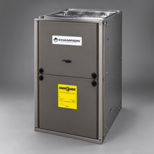 Champion high-efficiency gas furnace with a durable grey steel cabinet and 90% AFUE rating, providing reliable home heating and energy-efficient performance.